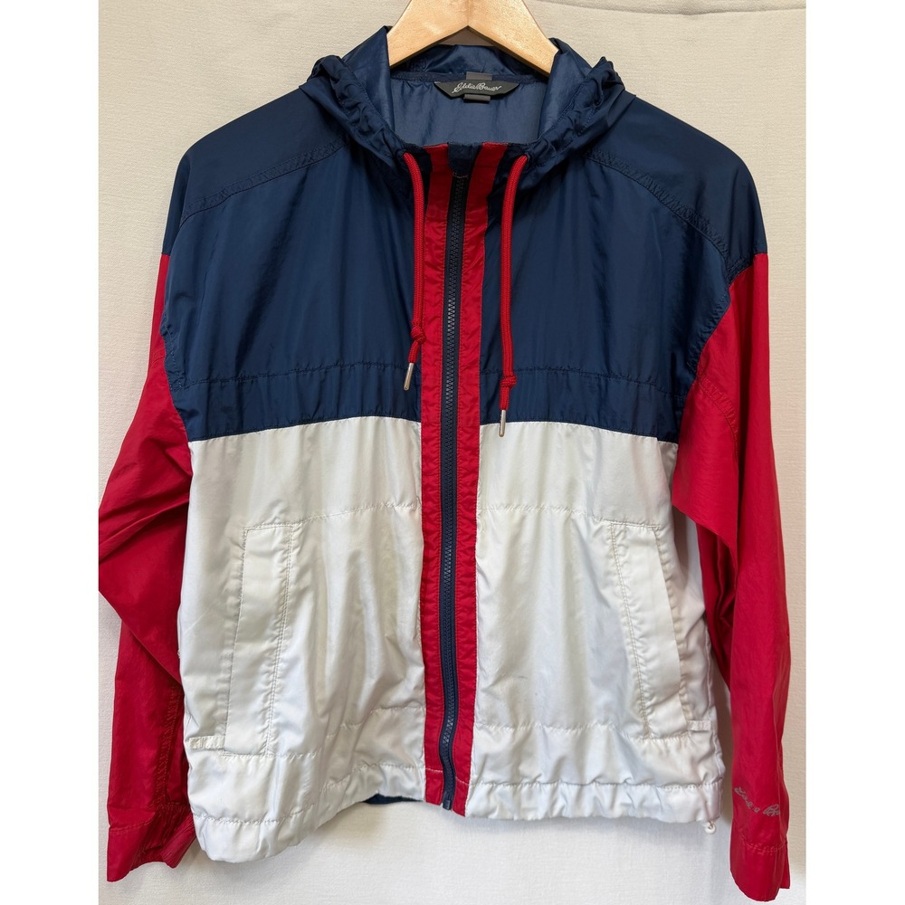 Eddie Bauer Colorblock Hooded Windbreaker Navy Red White Women's XS